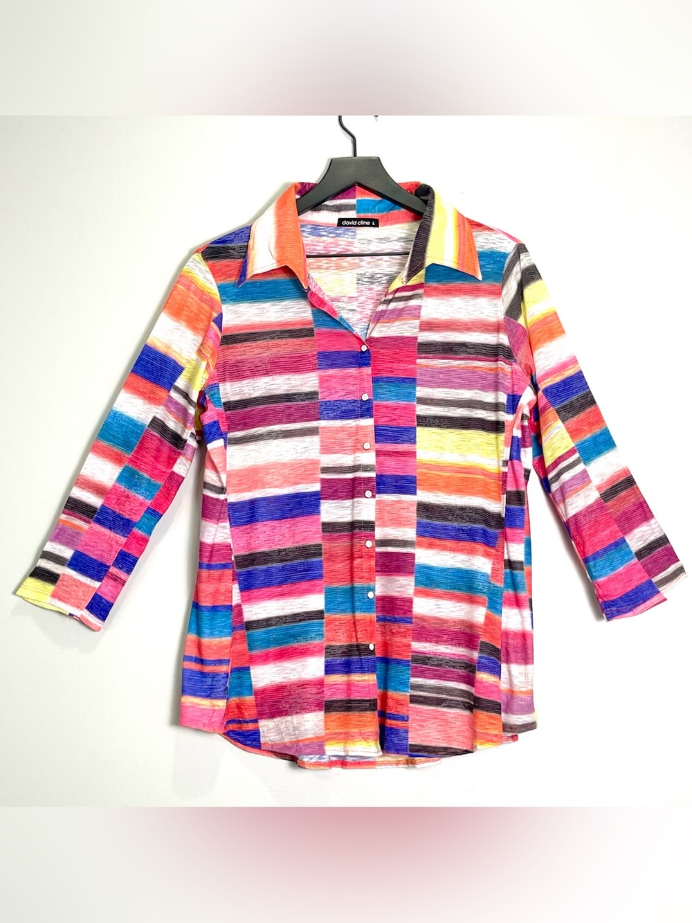 DAVID CLINE 3/4 Sleeve Shirt Snap Front Multicolor Striped "Bright" Size Large